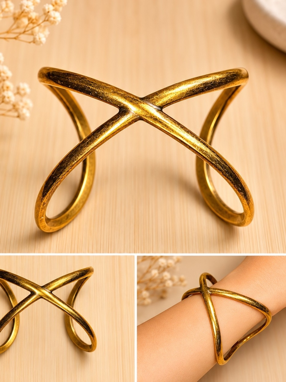 Gold Tone Open Cuff Bracelet Criss Cross Statement Bangle Size 6